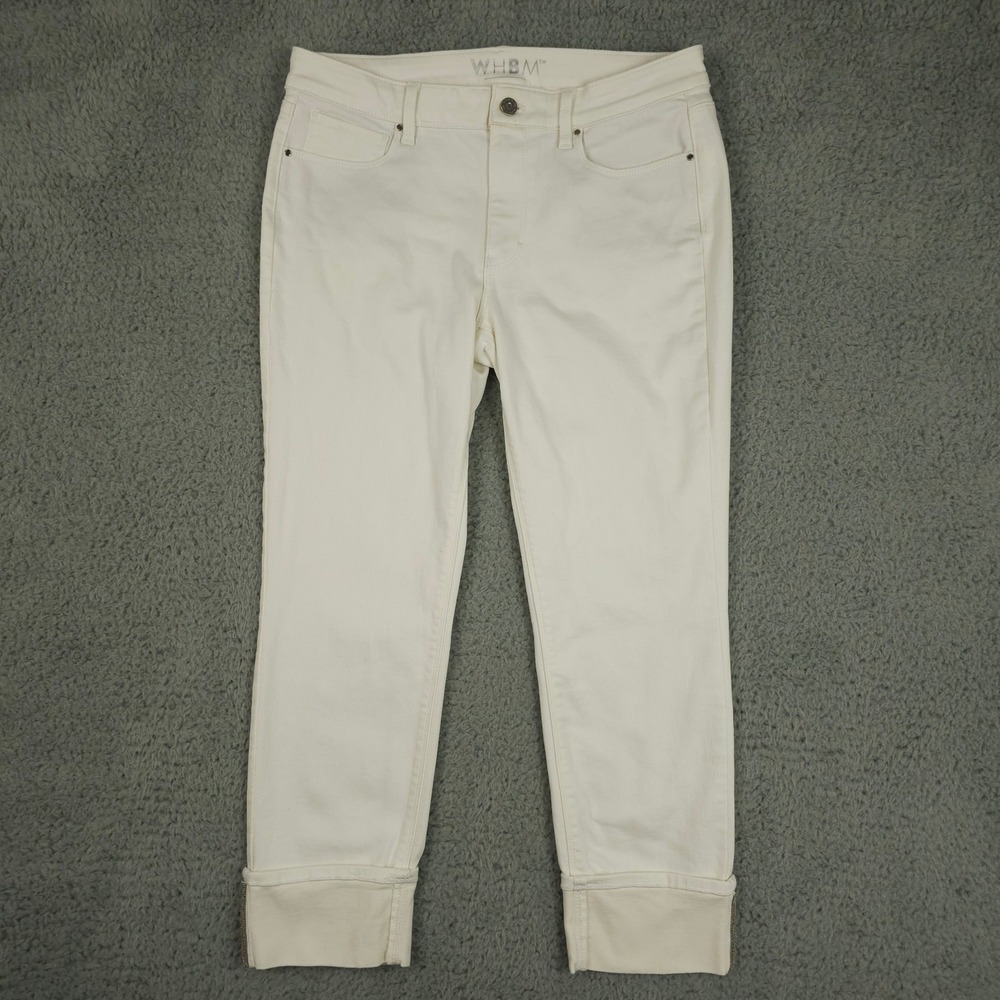 White House Black Market Jeans Womens 8 White Beaded Cuffed Stretch Slim Leg